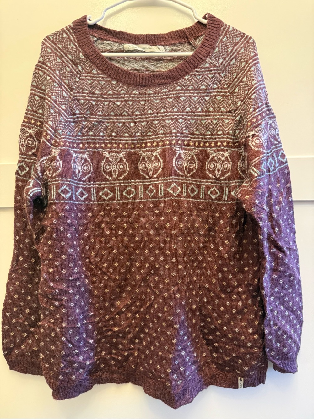 Woolrich Women’s XL Owl Fair Isle Mohair Wool Blend Nordic Sweater Brown Cream